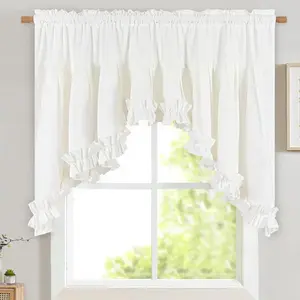 Linen Valances for Windows Farmhouse Ruffle Swag Valance Rustic Country Light Filtering Kitchen Curtains Rod Pocket Valance Curtains for Bathroom Cafe, White, 60" W x 36" L