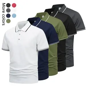 Five-piece men’s casual short-sleeve polo set—quick-dry golf and tennis shirts, comfortable riding wear, stylish men’s sportswear—ideal for casual gatherings, vacations, and travel; contrast color design at the neckline and cuffs.