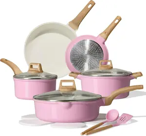 14 PCS Ceramic Cookware Set, Pots and Pans Set Non Stick, Pot and Pan Set with Frying pan, Induction Ready Cooking Set for Kitchen, PFOS/PFOA/PFAS Free, Pink Nonstick Aluminium