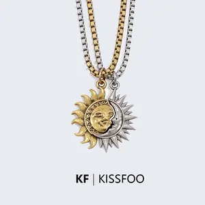 KISSFOO Sun and Moon Asymmetrical Couple Necklace Set Anniversary Accessories Gift for Him and Her