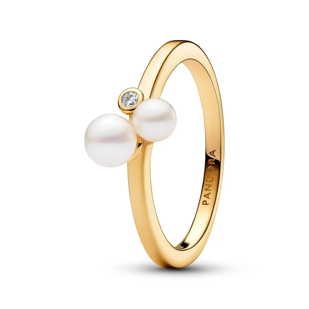 Pandora Duo Treated Freshwater Cultured Pearls Ring 163156C01-56, Pearl, Classic, Asymmetrically Placed, Bleaching And Lustre Enhancement, Celebrate Togetherness, Gold