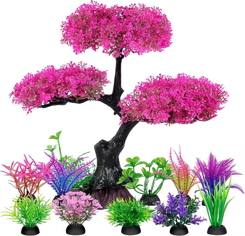 Aquarium Artificial Plastic Plants Decoration, Pink Cherry Blossom Tree