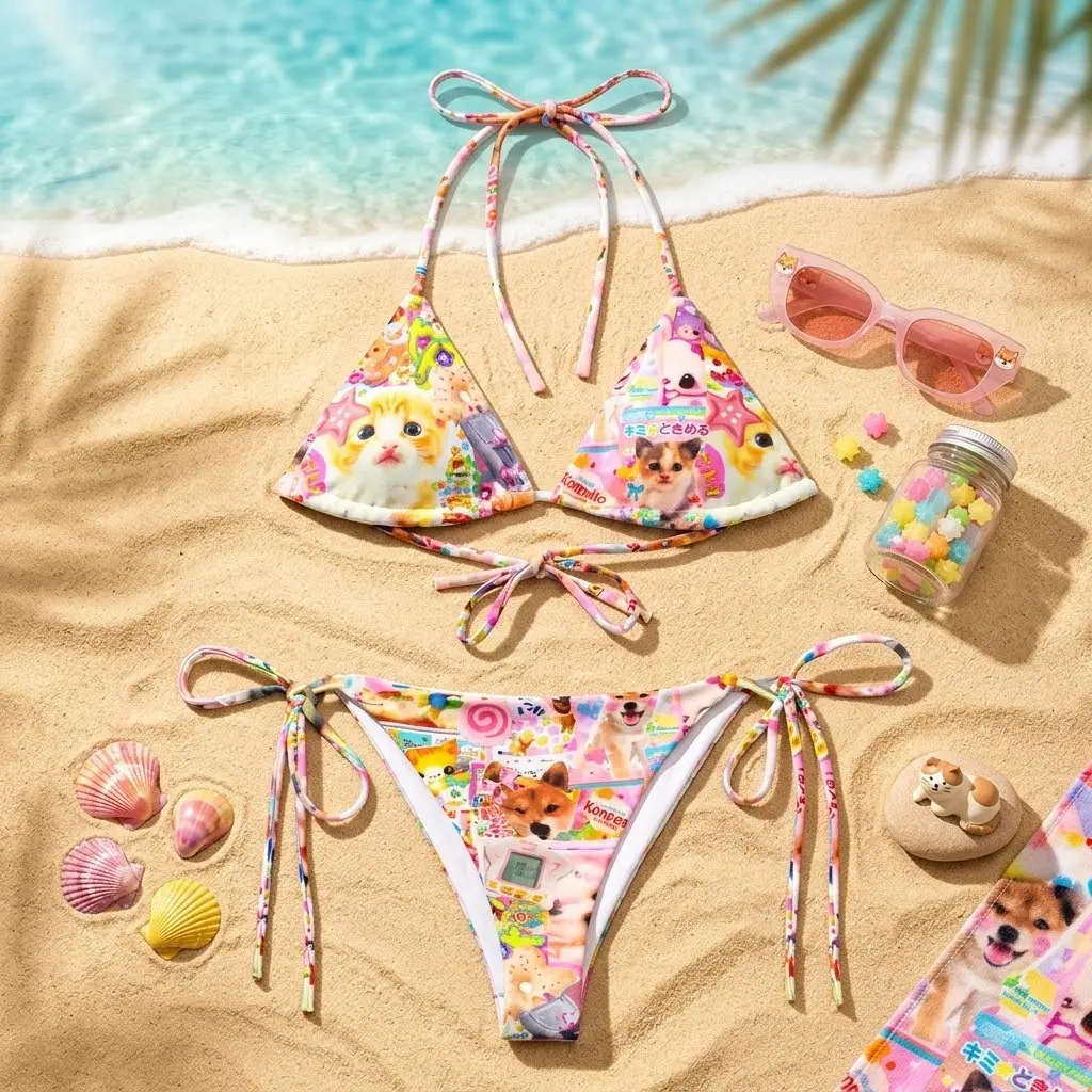 Y2K Inspired Kawaii Cat Harajuku Decora Cutecore Cyber Rave Bikini