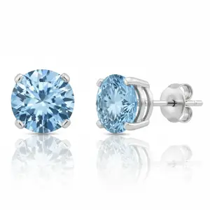 925 Sterling Silver Stud Earrings Aquamarine CZ Round Cut (5mm)