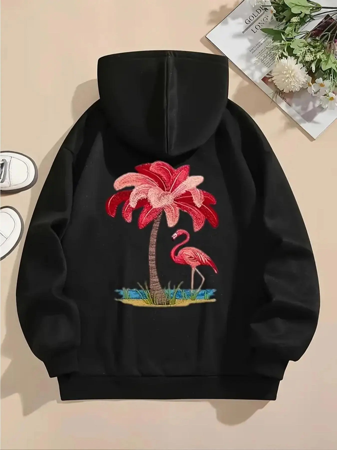 【Plus Size】 Flamingo & Palm Tree Print Drop Shoulder Hoodie, Fashion Casual Drawstring Pocket Hooded Sweatshirt for Daily Holiday Outdoor Wear, Women Clothing for Fall & Winter
