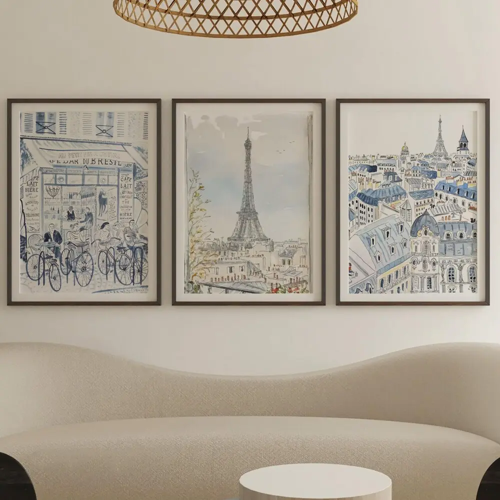 Paris Wall Art Set of 3, French Illustration Prints, Soft Blue Eiffel Tower Cityscape Watercolor Vintage European Wall Decor for Living Room