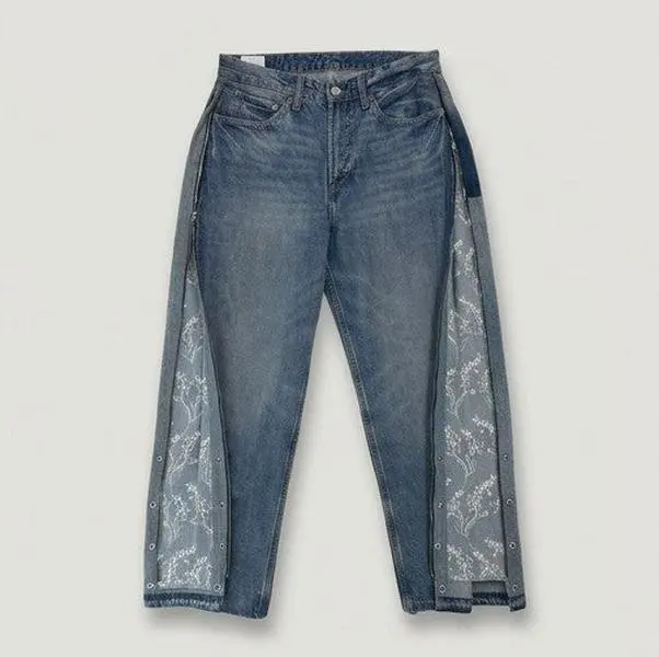 Custom Reworked Side-Zip Flare Jeans - Floral Print Gusset
