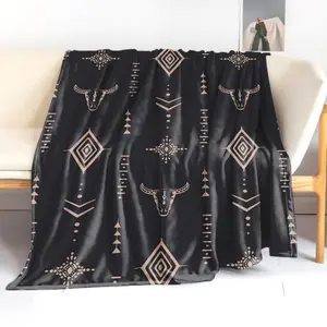Soft Funny Throw Blanket Digital Print Polyester Knitted Retro Western Style Flannel - Mid Century Design With Bull & Geometric Patterns For Bed,Sofa,Office,Camping - All Seasons