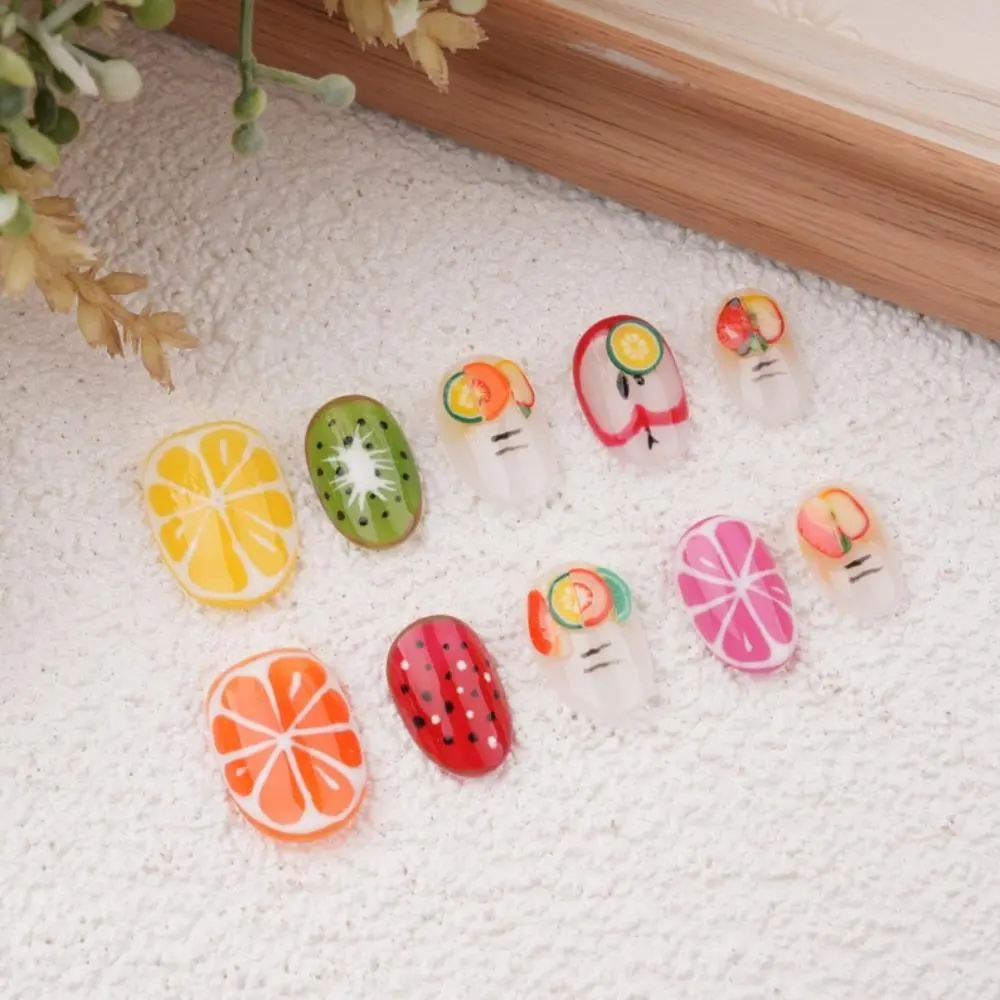 Summer Fruits Short Press On Nails,Hand Painted Lemon/Kiwi/Apple/Grapefruit/Strawberry,Cute Party Manicure,Birthday Gifts