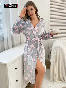 Women's full body gray bottom polka dot pink love print nightgown soft and skin friendly with small pockets on both sides. Same waist belt, hood, thick robe for autumn and winter, plush warm home clothes for outdoor leisure and elegant vacation sleepwear