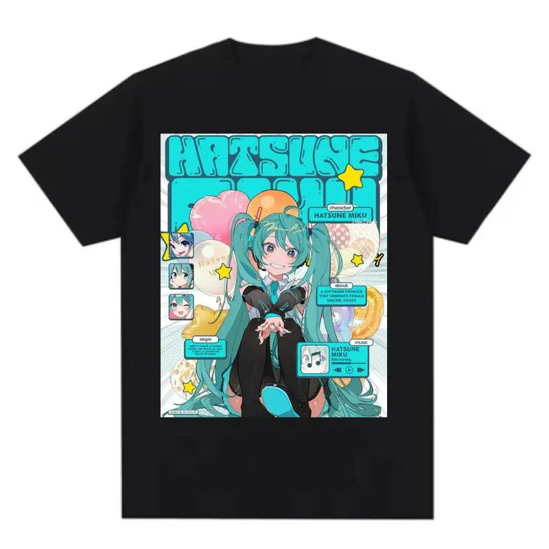 Menswear Anime Art Graphic Tee with Hatsune Miku Design, Soft 100% Cotton, Breathable Short Sleeve Unisex Easy Fit Casual Wear, Tops, Printed, Round Neck, 2Xl
