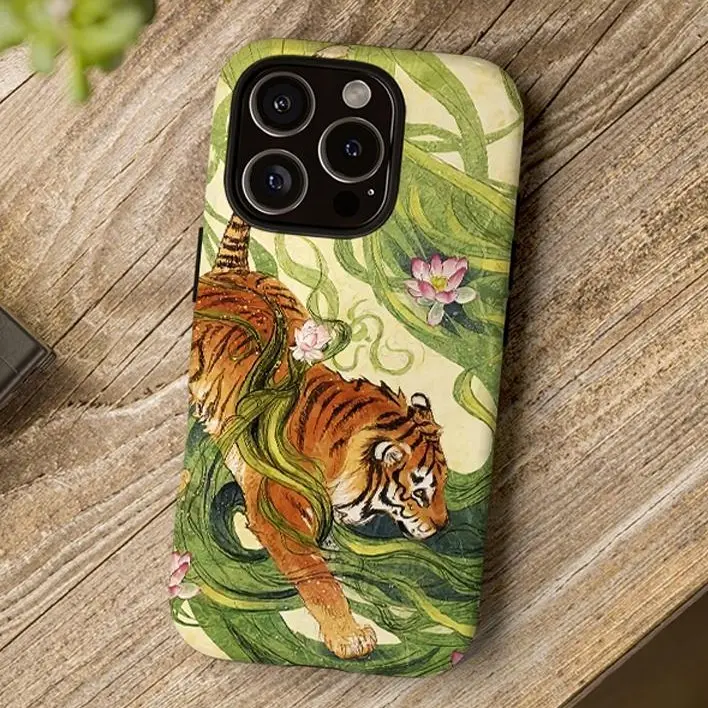 [Magnetic case] Vintage Chinese Tiger Pattern Phone Case,Cute Tiger Collage, Japanese Traditional Art Print Big Cat Shockproof Rugged Cover Dual Layer Soft TPU Bumper Hard Shell Design for iPhone 11 12 13 14 15 16 17 Pro Max Plus Air