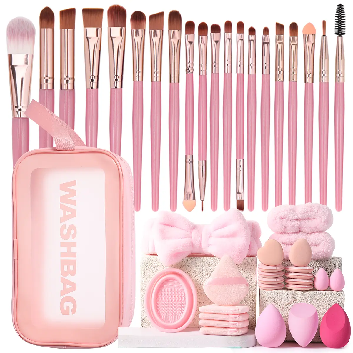 Pink & Rose Gold All-In-One Makeup Tools Set Makeup Brush Set Beauty Sponges Triangle Heart Powder Puffs Plush Bow Hairband Wristbands Silicone Brush Cleaner with Transparent Washbag for Daily Full Face & Travel