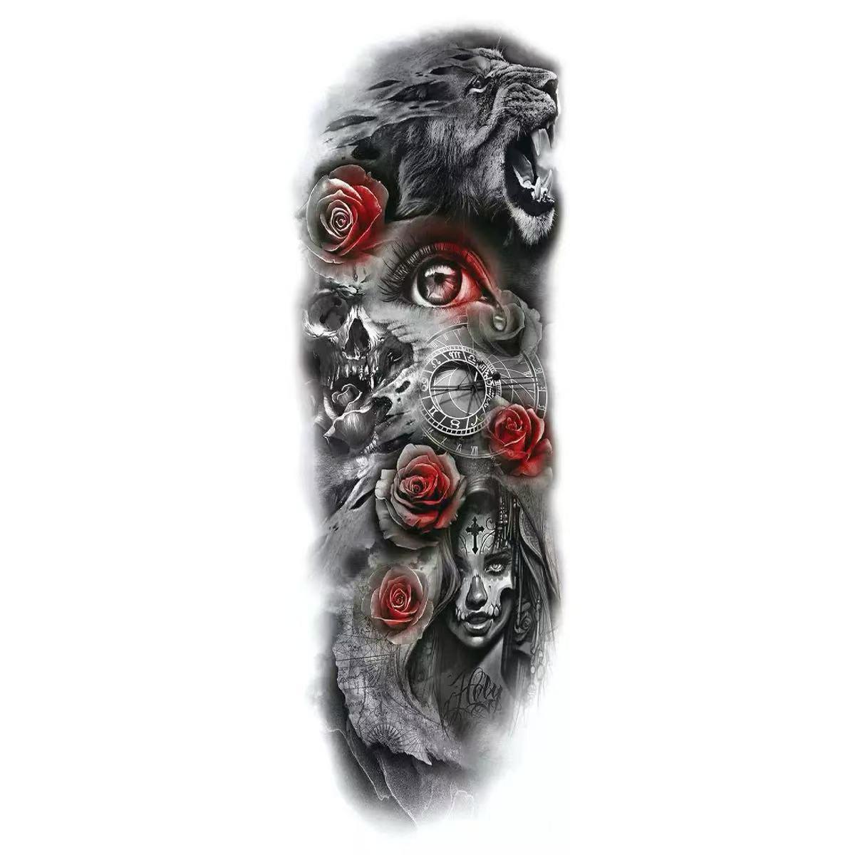 8 Full-Arm Tattoo Stickers: Crown, Lion, Skull, Angel, Wolf, Rose, Clock; Waterproof Tattoo Stickers
