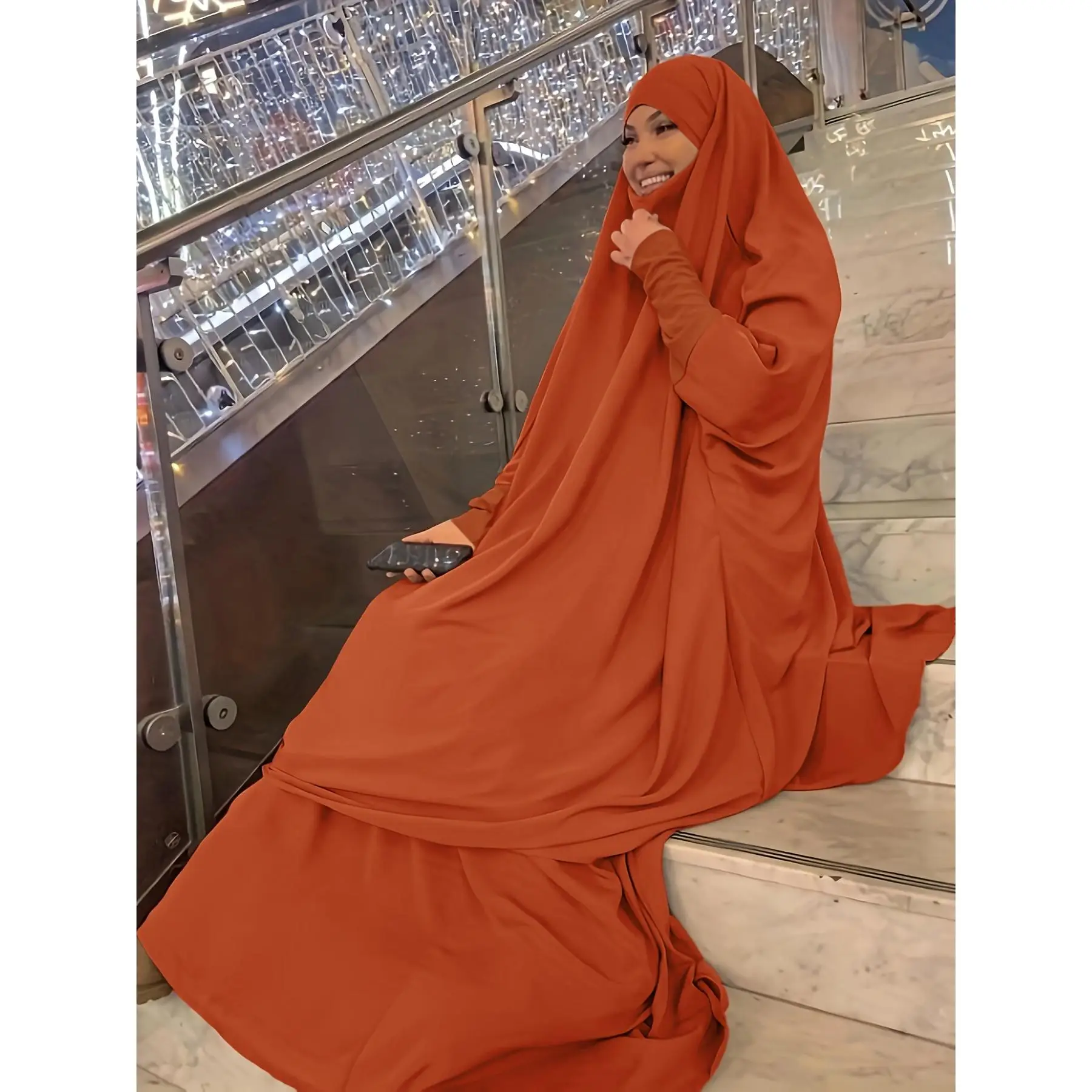 Ramadan Solid Color Two-piece Set, Batwing Sleeve Hijab Dress & Wide Leg Pants Outfits, Women's Clothing Halloween Print T-Shirt