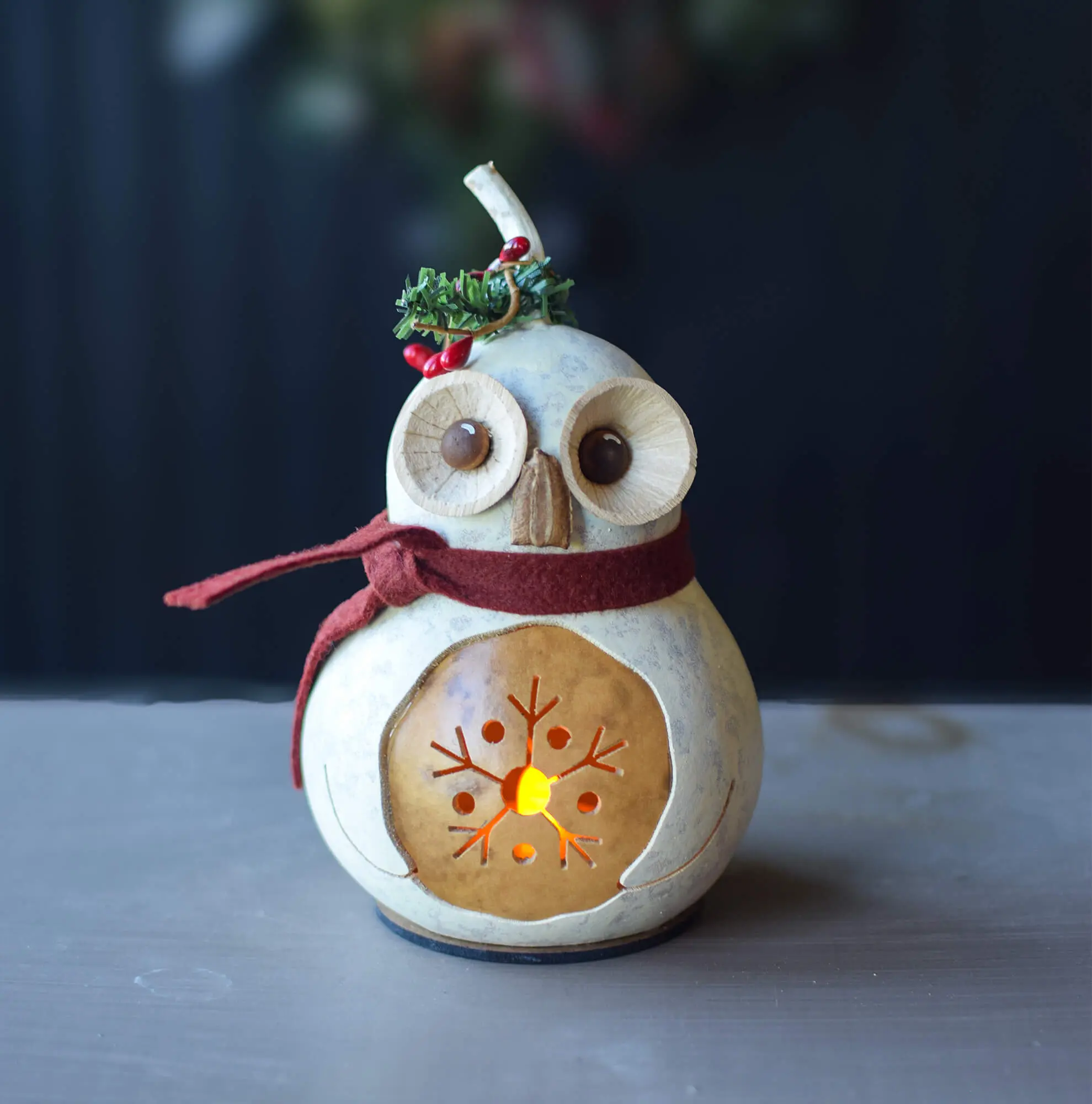 Hand-Crafted Owl Gourd - Olwen Miniature - Christmas Decor