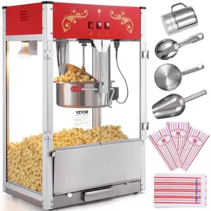 VEVOR Popcorn Maker, 1615W Popcorn Popper Machine, 16 Oz Kettle Large Capacity Countertop Popcorn Maker with Tempered Glass, Includes 3 Stainless Steel Scoops, Movie Theater Style, Red