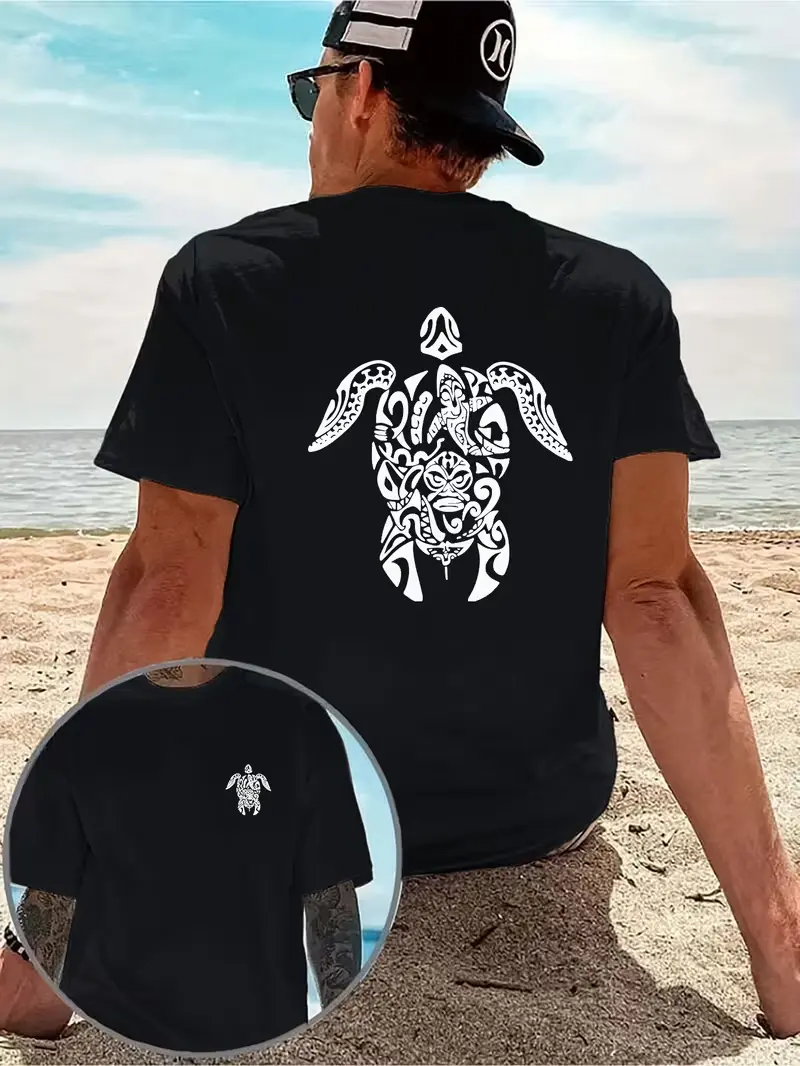 A Casual T-shirt with a Creative Pattern Design, Featuring a Tribal Sea Turtle Totem Double-sided Short-sleeve Print. This Mysterious Vintage-style Shirt Boasts Exquisite Lines That Exude a Raw, Wild Aura. with Double-sided Graphic Printing