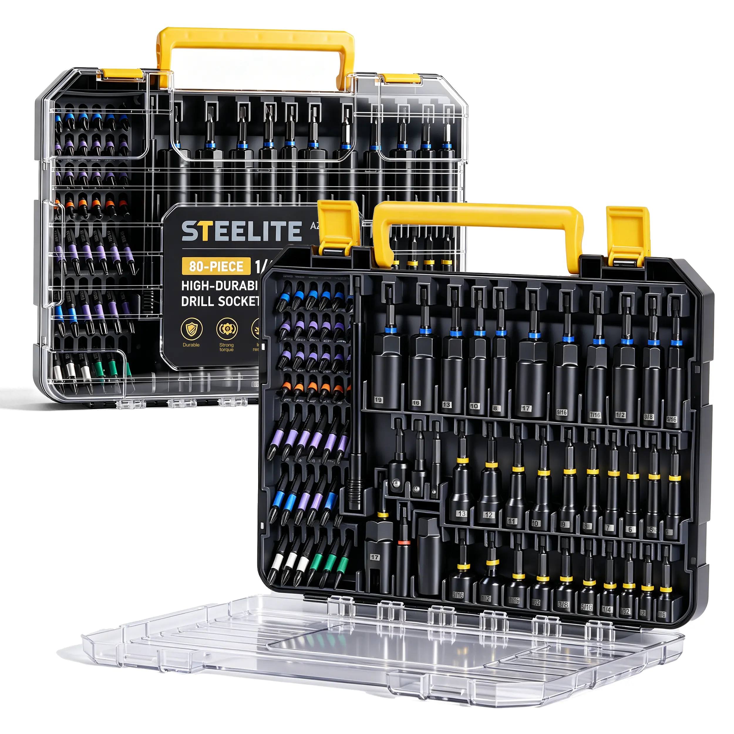 STEELITE 80-Piece Heavy Duty Magnetic Nut Driver Set, Impact Rated 1/4" Hex Shank Deep & Shallow Metric & SAE Socket Bits, Includes Screwdriver Bits, Quick Change Bit Extension Bar, Socket Adapters, Wing Nut Driver with Storage Tool Box