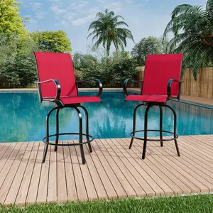 All-Weather Patio Bar Set, Tempered Glass Top High Table & 2PCS 360° Swivel Bar Stools with Backrest Armrest, Metal Frame Outdoor Furniture for Yard Poolside Garden