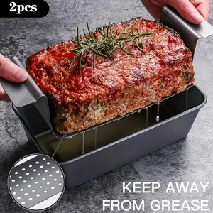 2-Piece Meatloaf Pan Set with Drip Tray Non-Stick Fat-Reducing Design for Juicier Flavor Perfect for Baking Meatloaf Keep Away from Grease Meal Prep Molds Silicone Cake Pan Reusable Mold Stainless Steel