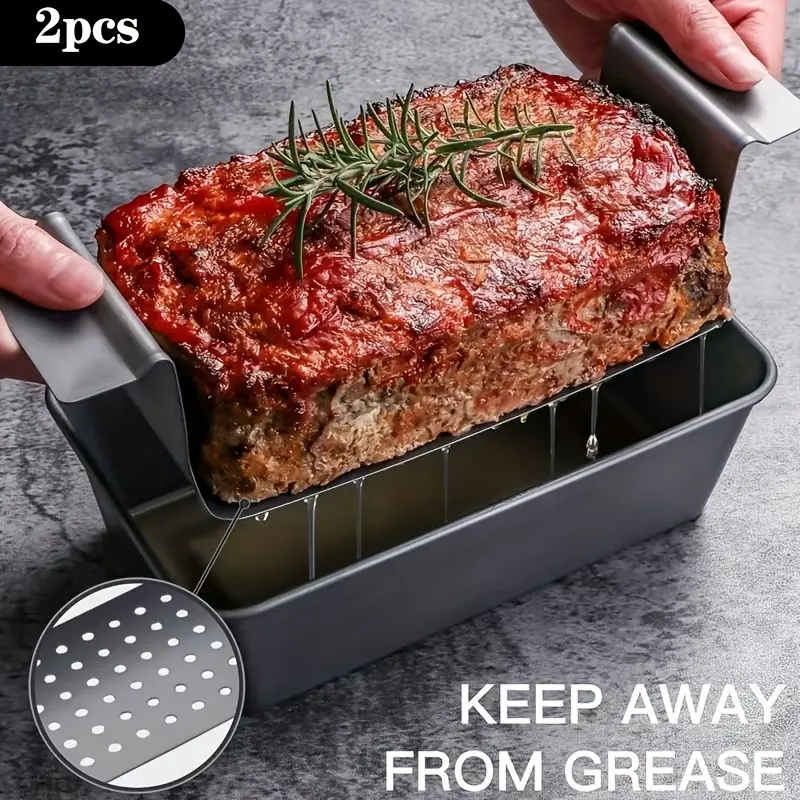 2-Piece Grease-Free Bakeware Set, Non-Stick Meatloaf Pan with Drip Tray, Fat-Reducing Carbon Steel Meal Prep Molds & Reusable Silicone Cake Pan for Juicier Dishes