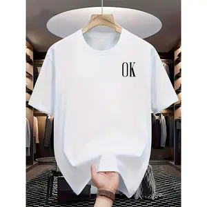 Men's Casual Short Sleeve T-Shirt with Bold 'OK' Chest Print - White Summer Round Neck Tee, Regular Fit for Casual Attire, Comfortable Apparel, Easycare Clothing, PLUS SIZE