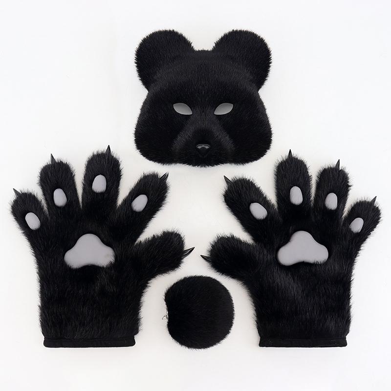 Furry Black Bear Cosplay Set – Plush Bear Mask, Paw Gloves & Tail for Halloween, Costume Parties & Cosplay Events