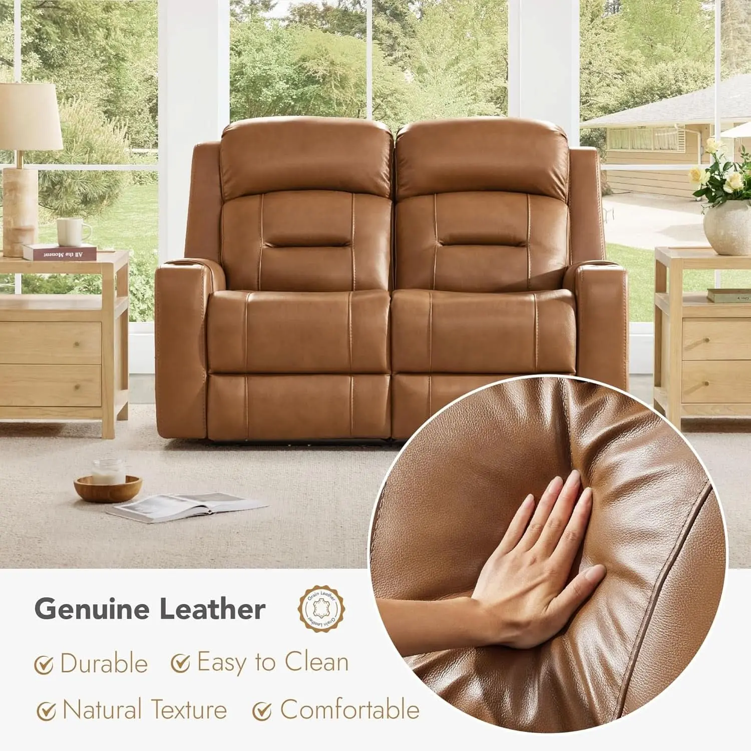 Saddle Brown Leather Power Headrest Loveseat Recliner