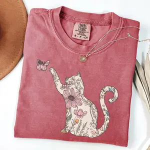 Comfort Colors Wildflowers Cat Tshirt, Cottagecore Kitten Tee, Cat Mom Gift, Floral Cat Tshirts, Unisex T-Shirt