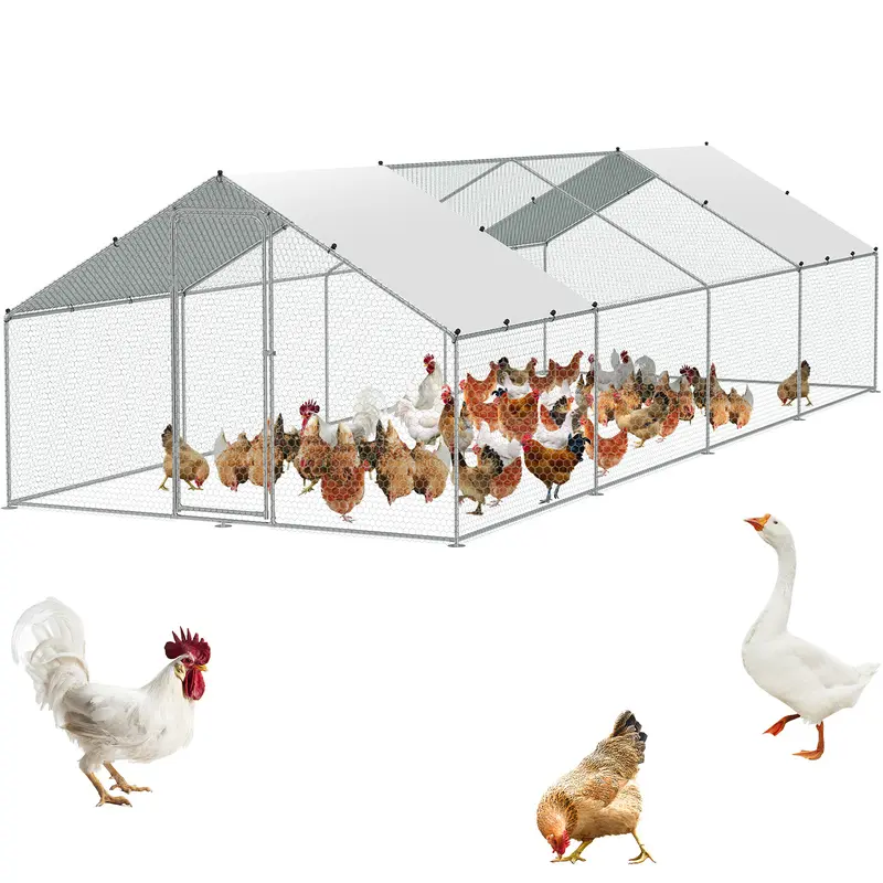 VEVOR Upgraded Large Galvanized Steel Chicken Coop Enclosure, 25.6x9.8x6.5 ft & Spire Roof (9.88x25.69x6.53 ft), Salt-Spray Tested All-Seasons Wind-Resistant Weatherproof Poultry Housing, Hex Mesh, Sunshade Canopy, Security Lock for Backyard Farm