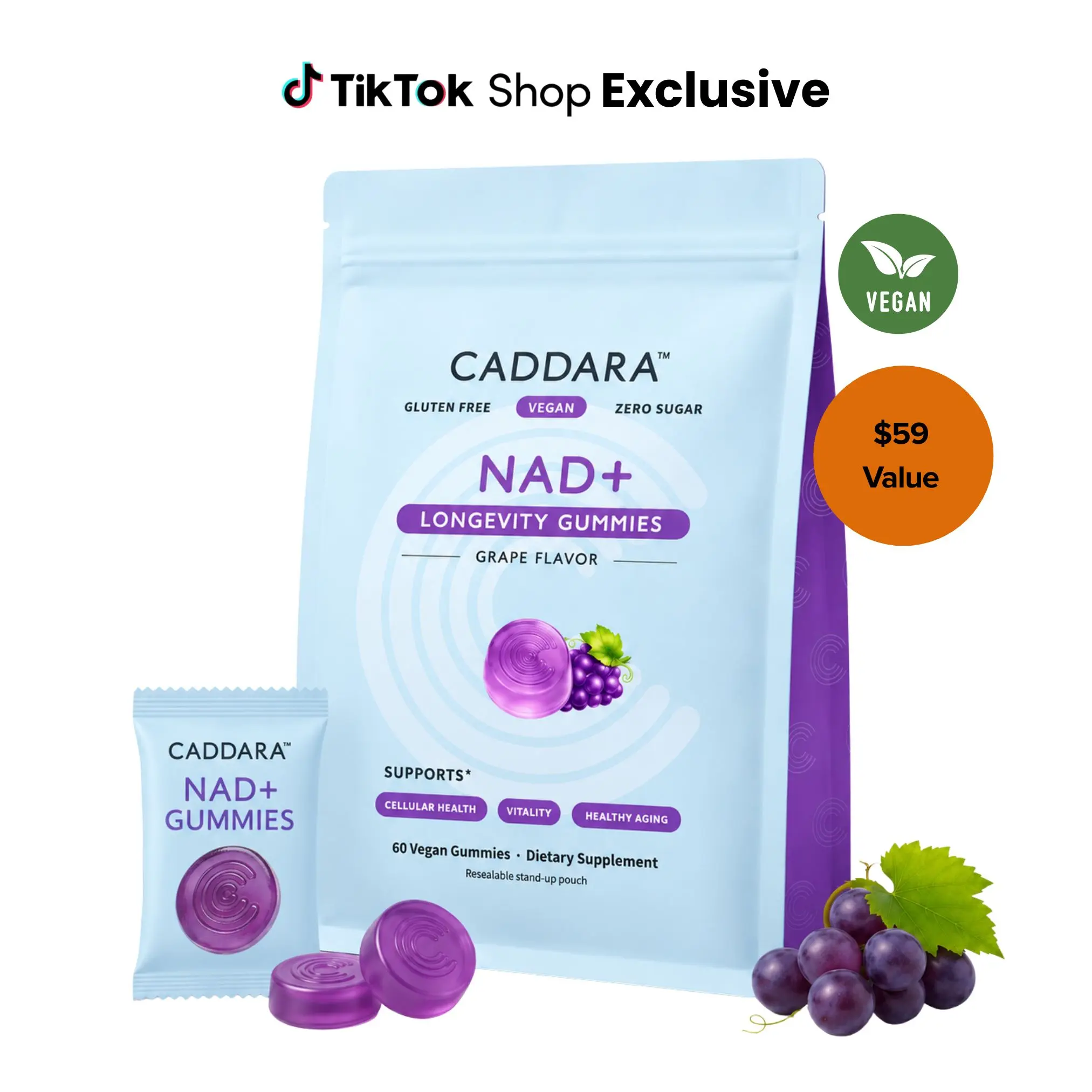 CADDARA NAD+ Gummies, Longevity Supplement with Nicotinamide Riboside & Resveratrol, Supports Cellular Health, Anti-Aging & Energy, Grape Flavor, 60 Vegan Gummies