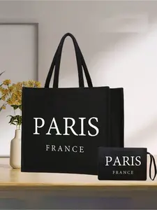 2-Piece Linen Handbag Set, Including A Paris Letter Printed Handbag And A Printed Small Bag, Personalized Gift Packaging, Black Linen Handbag With Black Small Makeup Bag, Size Bag Combination, Suitable For Weddings, Birthdays, Beaches