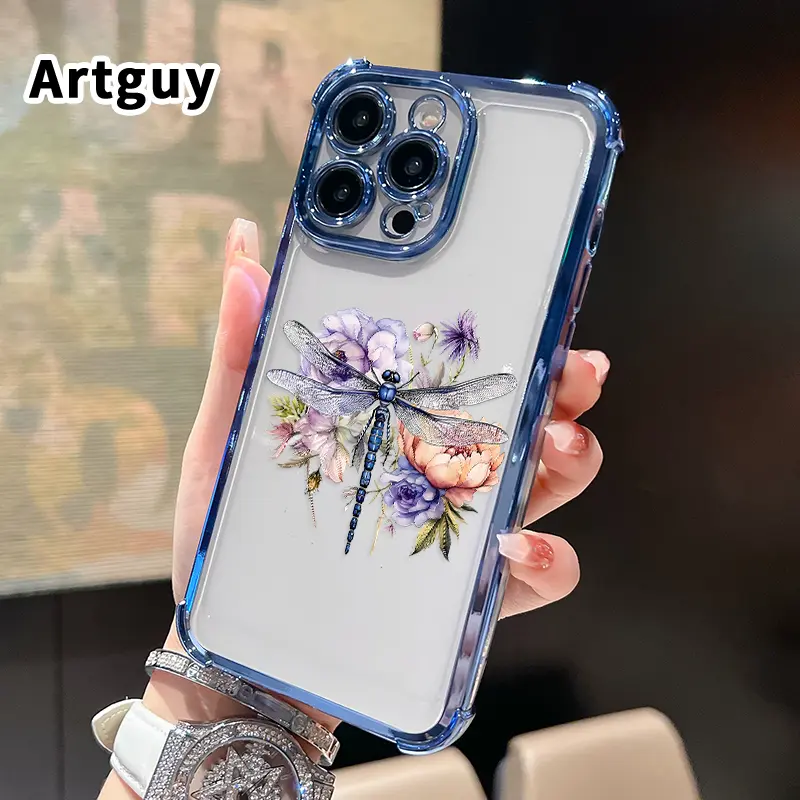 Four Corners Phone Case for iPhone 17 16 Pro Max 15 Plus 14 13 12 11 E Air Dragonfly and Flowers Pattern Anti-drop Cellphone Protective Durable Total Coverage Shockproof Phone Cover