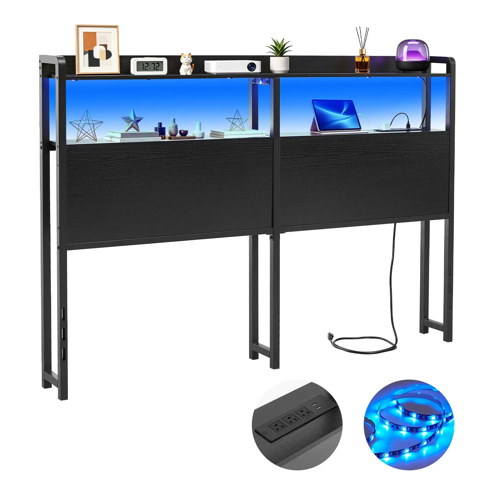 VEVOR Queen Size Headboard - Carbon Steel Frame, 2 Storage Shelves, LED-Lit, 3 Outlets, 3 USB Ports, Charging Hub, Adjustable Height, Sturdy Stable, Easy Setup, #BacktoSchool