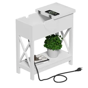 Choochoo End Table with Charging Station, Narrow Flip Top Side USB Ports & Power Outlets for Small Spaces, Bedside Storage, Nightstand Sofa Living Room, Bedroom White