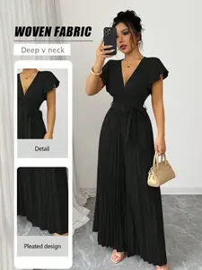ELI New Women's Ruffled Sleeves V Neck Pleated Wide Leg Jumpsuit, Waist Cinched Fitted Design, Casual Daily Wear, Commuting Party, Young Elegant Style