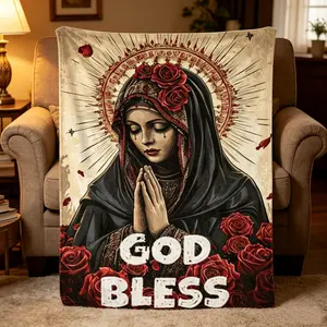 Sorrowful Virgin Mary God Bless Fleece Blanket Vintage Red Rose Catholic Grunge Religious Throw Ultra Soft Warm Flannel Bedding Faith Devotional Gift