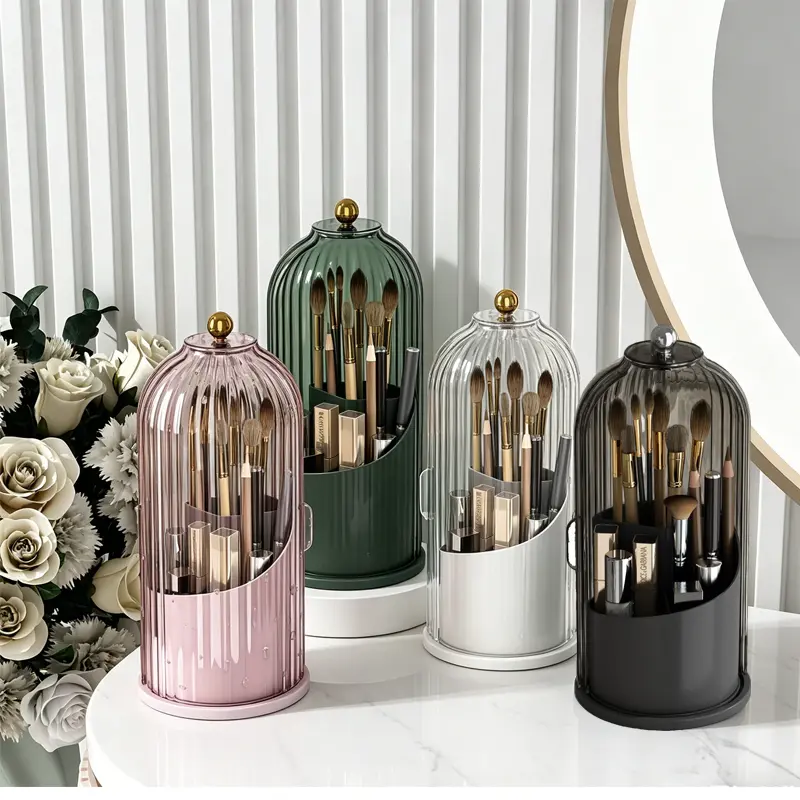 Clean girl Makeup Brush Holder Organizer with Lid 360 Rotating Dustproof Boxes Vanity Desktop Bathroom Counter top vanity dresser Toothbrush Holder Spinning Brush Holder Gift Ideas 14th birthday Thanksgiving Gift Spring Gift SummerVibes