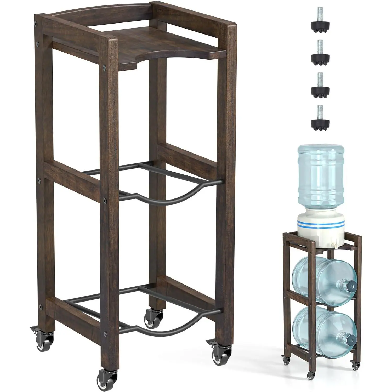 3-Tier 5 Gallon Water Jug Holder with Top Shelf - 4 Metal Wheels or Adjustable  -  Hardwood Water Dispenser Floor Stand - Wooden Organizer for Kitchen, Office, Garage - Space-Saving Design