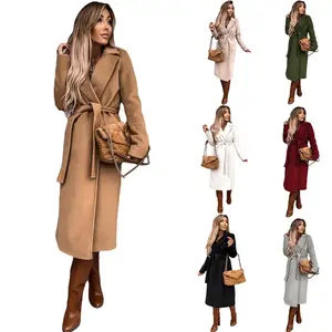 Autumn and Winter Women's Clothing Solid Color Polo Collar Long-Sleeved Woolen Coat Simple Lace up Trench Coat