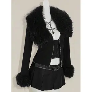 Black outdoor sports concert Gothic solid-color faux fur long-sleeve jacket with zipper and zipper patch; black fur-trimmed jacket