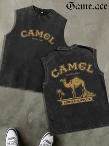 GAME.ACE Retro Washed Black Sleeveless Tank Top, Vintage "CAMEL SINCE 1913" Desert Camel Graphic Print, Casual Streetwear, 100% Cotton Breathable Unisex Vest, Ideal for Daily Wear, Casual Outings, Streetwear Meetups, Great Gift for Retro Lovers