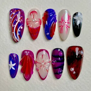 Vamp Bloom Purple Red Press On Nails, Gothic Floral Jelly Fake Nails