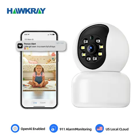 Hawkray AI Intelligent Wireless Security Camera - 0.25kg Bulb Surveillance Camera, Socket/Bulb Mount, 911 Alarm, Easy Installation, QR Code Setup, Full Color Night Vision, 2-Way Audio, Motion Sensor, OpenAI Enabled, US Local Cloud System