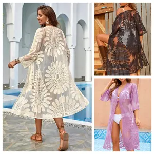 Women's Polyester Mesh Sheer Lace Beach Kimono Cover-Up - Summer Floral Embroidery, Black Lace, Sun Protection, Slight Stretch, Hand Wash Only for Swimsuit/Bikini Outdoor Use