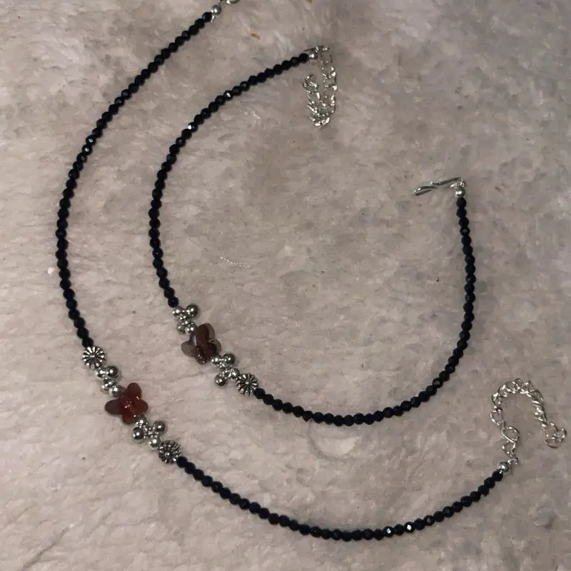 Black Spinel Anklet Jet Black Crystal Anklet Silver Layering Stacking anklet for Daily Wear Set of 2pcs pair