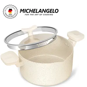 MICHELANGELO Nonstick Cookware Pasta Pot with Strainer Lid 6 Quart Stock Pot Twist and Lock Handles Stainless Steel Cooker for Kitchen All Stovetops Induction Gas Electric White