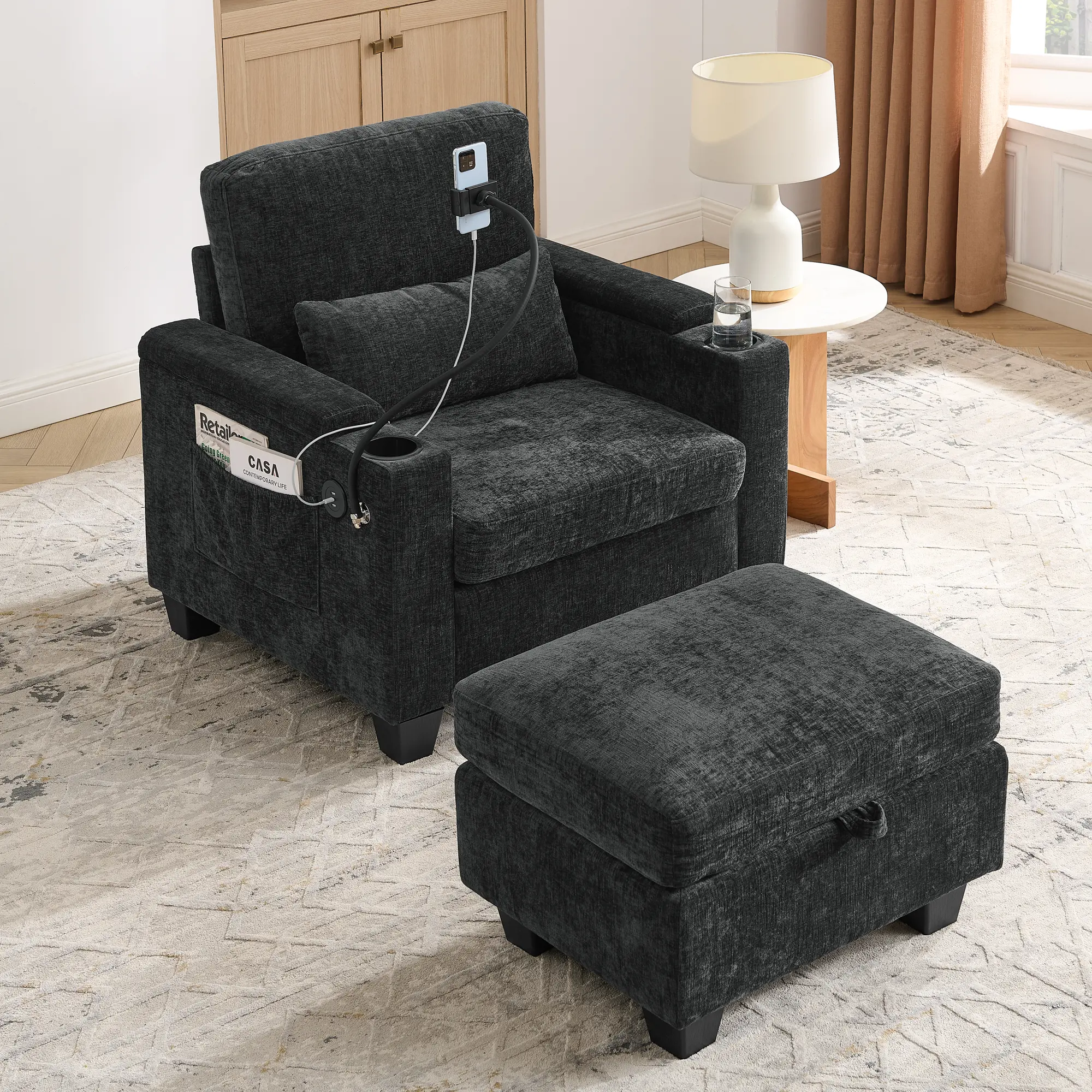 Niccae Single sofa recliner with manually adjustable backrest, USB charging port on the armrest side, phone stand included, hidden armrest storage, and a matching storage ottoman-Black