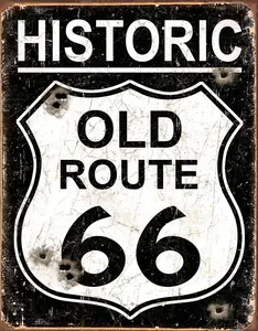 Historic Old Route 66 - Weathered Tin Sign - Nostalgic Vintage Metal Wall Decor